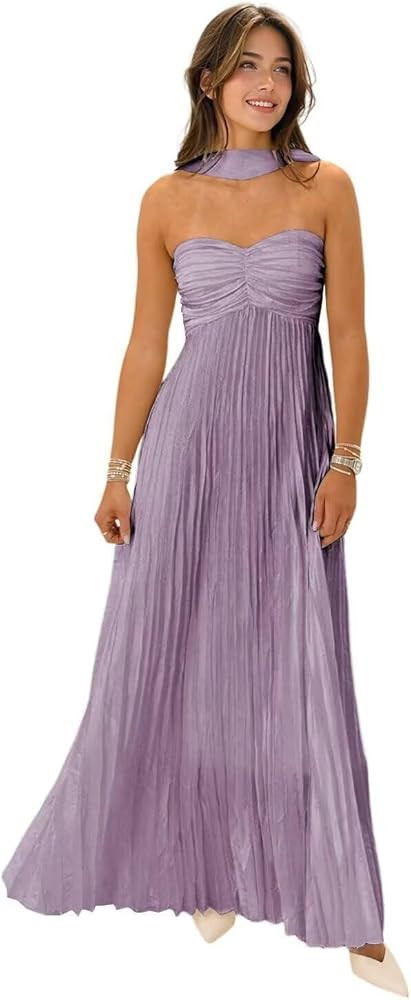 Women's Strapless Chiffon Bridesmaid Dresses with Scarf Long A-Line Pleated Formal Evening Dress ... | Amazon (US)