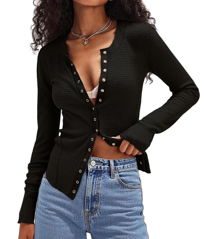 Albe Rita Waffle Cardigan Sweater Shirts for Women Lightweight Button Down Long Sleeve Crew Neck ... | Amazon (US)