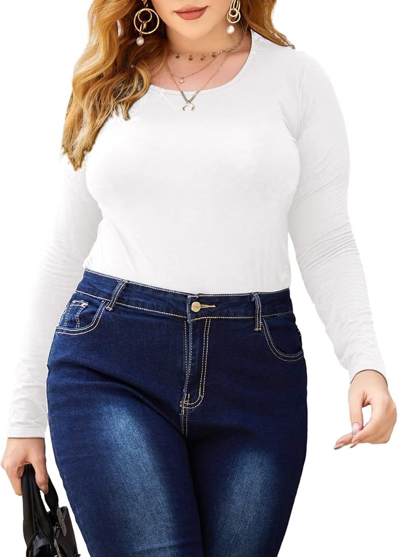 IN'VOLAND Womens Plus Size Bodysuit Long Sleeve Stretchy Leotard Scoop Neck Top Tees | Amazon (US)