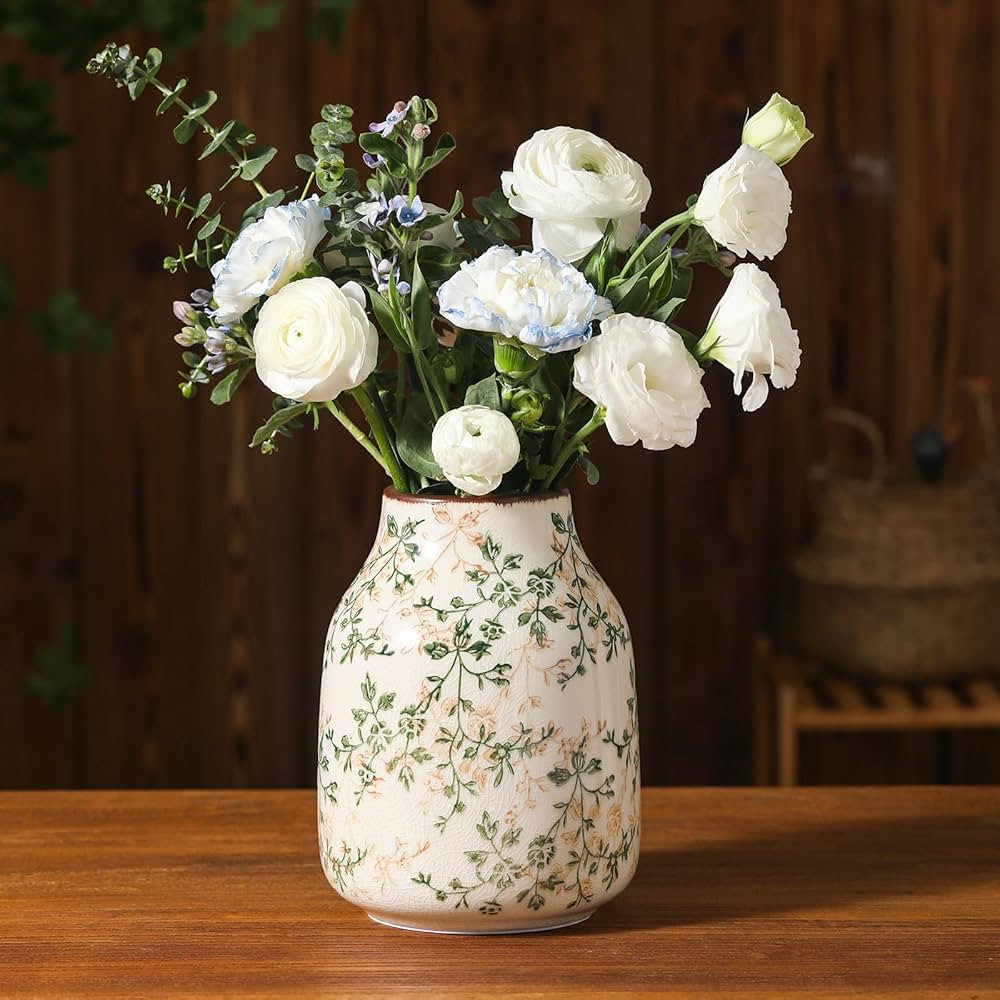 Rustic Vintage Ceramic Vase, 7.8 inch Beige and Green Floral Vase Chinoiserie Farmhouse Antique D... | Amazon (CA)