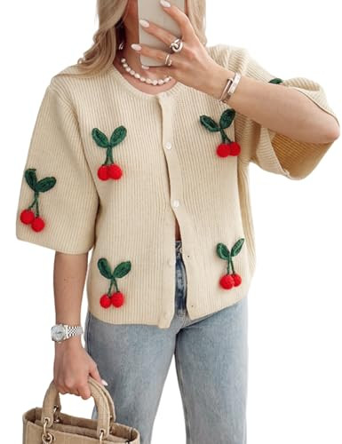 Yimoon Women's Cute Cherry Cardigan Y2K 3/4 Sleeve Button Down Open Front Cardigan Kawaii Cable Knit Sweater(Apricot-M) | Amazon (US)