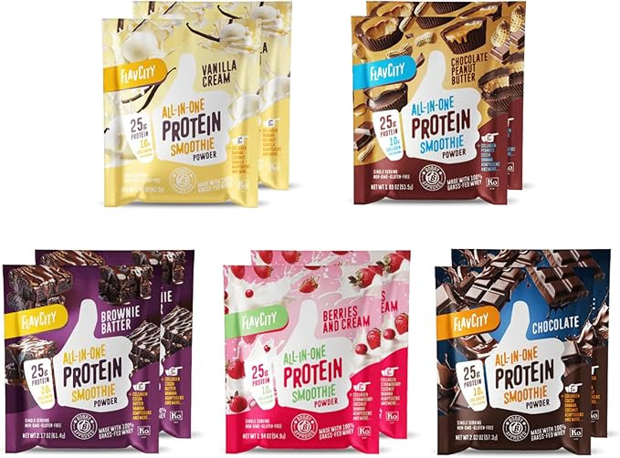 FlavCity Grass Fed Whey Protein Powder - Variety Pack - 25g Protein & 10g Collagen - 10 Single Se... | Amazon (US)