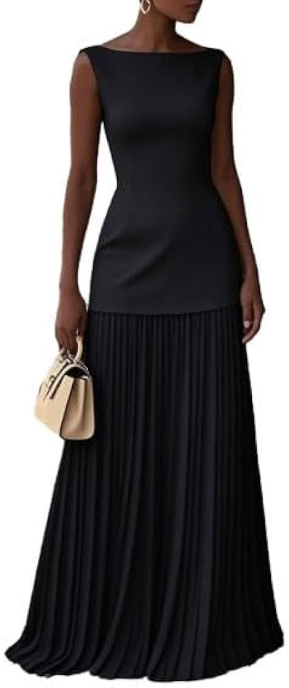 OSCORP Womens Elegant Pleated Maxi Dress Sleeveless Boat Neck Formal Evening Gown Wedding Guest L... | Amazon (US)
