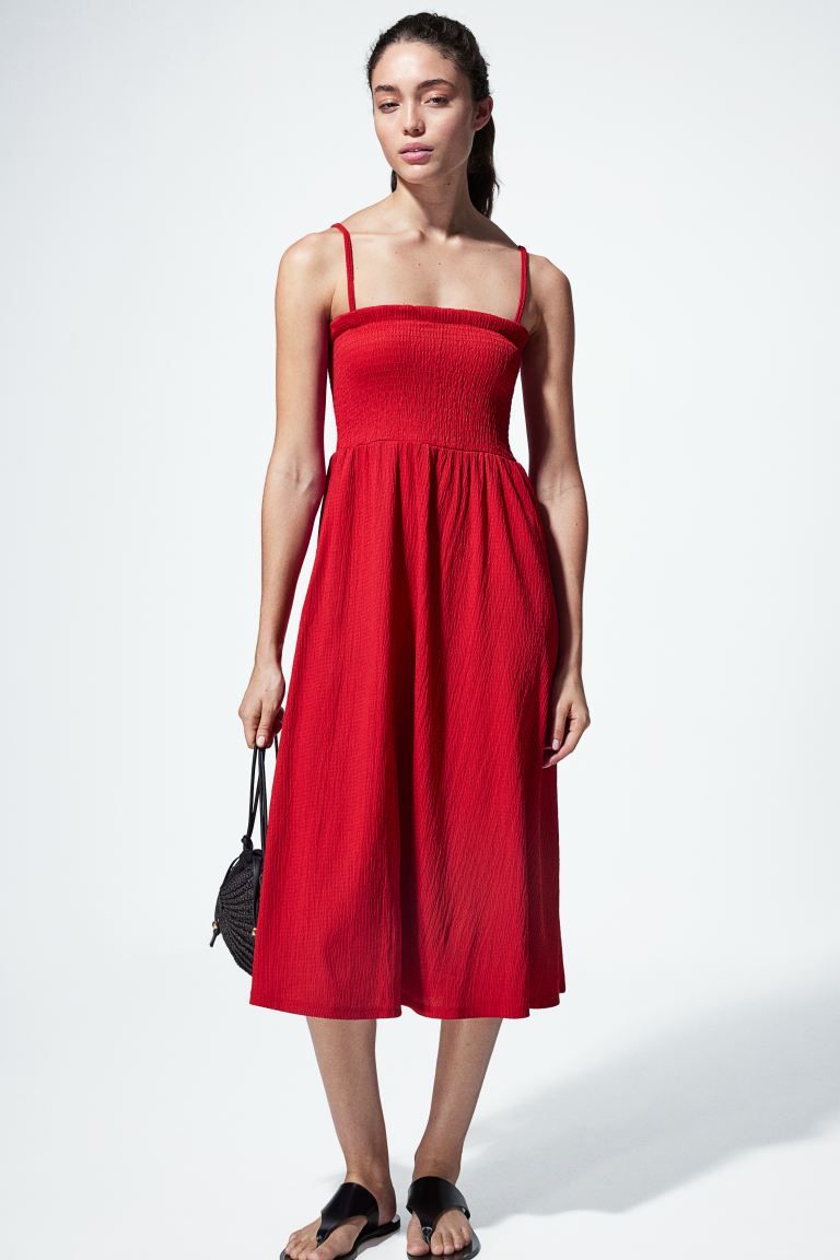 Smocked-bodice Dress - Sleeveless - Knee-length - Red - Ladies | H&M US | H&M (US + CA)