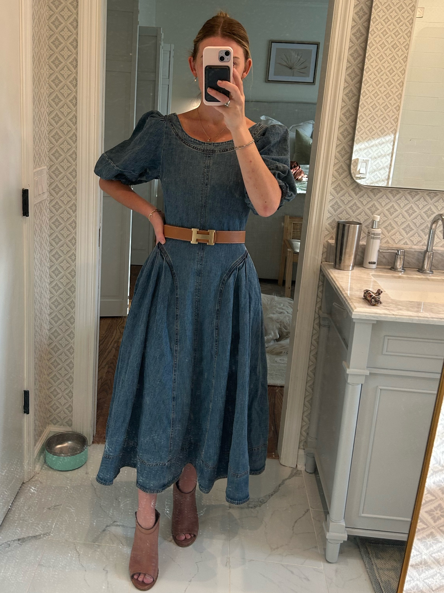 white christmas dresses Morgane Puff Sleeve V-Neck Midi Dress Light Denim Blue– Selfie Leslie main image 1