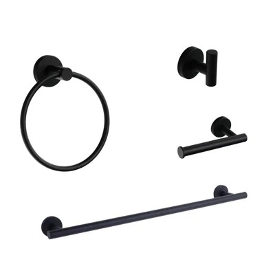Elizabeth 4-Piece Bath Hardware Set With Robe Hook, Towel Ring, Toilet Paper Holder And Towel Bar In Matte Black | Wayfair North America