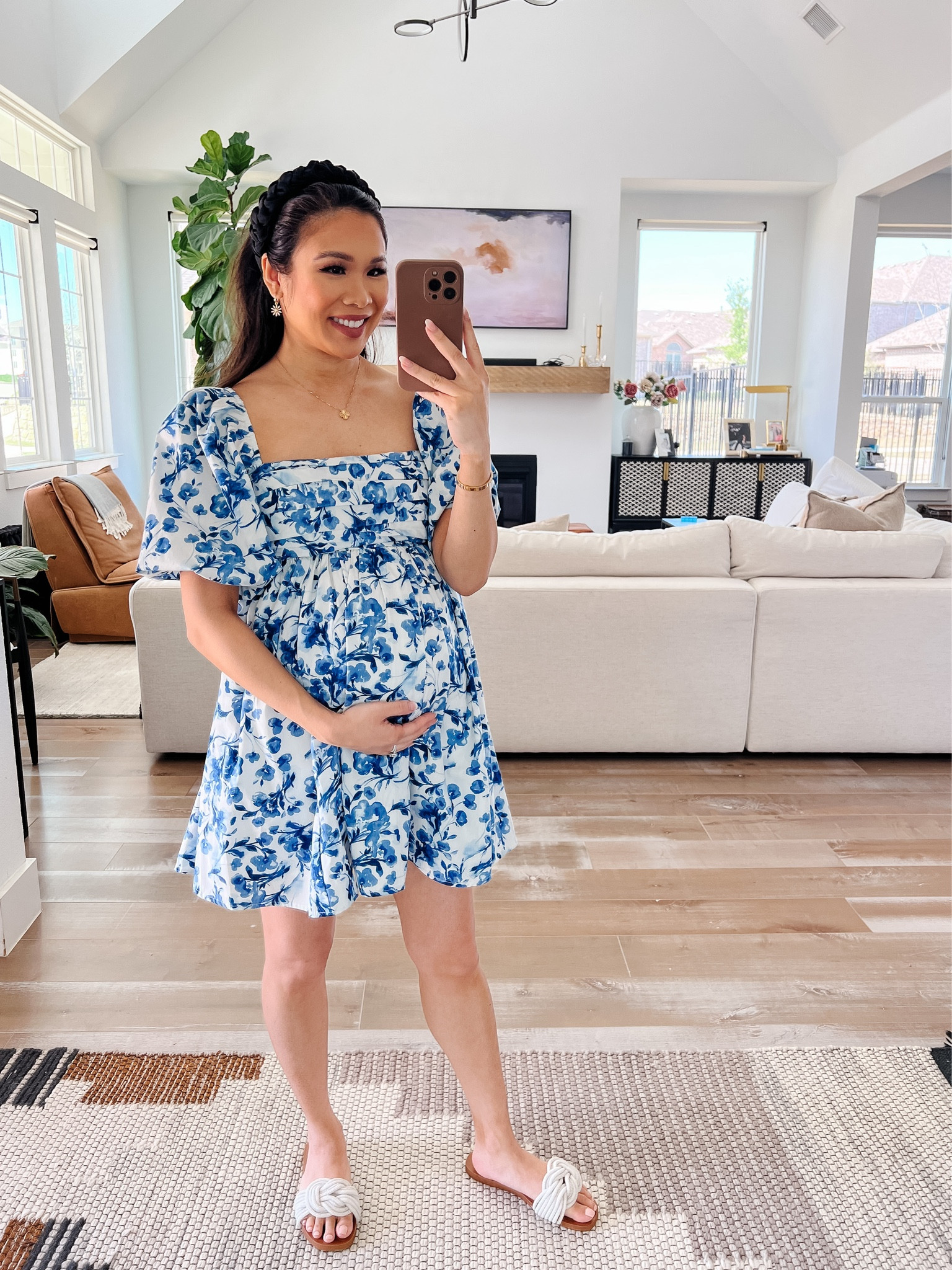 Spring outfit that’s 20% off and maternity friendly! Sized up to size small to accommodate the bump, typically wear size XS. Pairing with Steve Madden sandals and a Jennifer Behr headband.

#LTKbump #LTKsalealert #LTKshoecrush