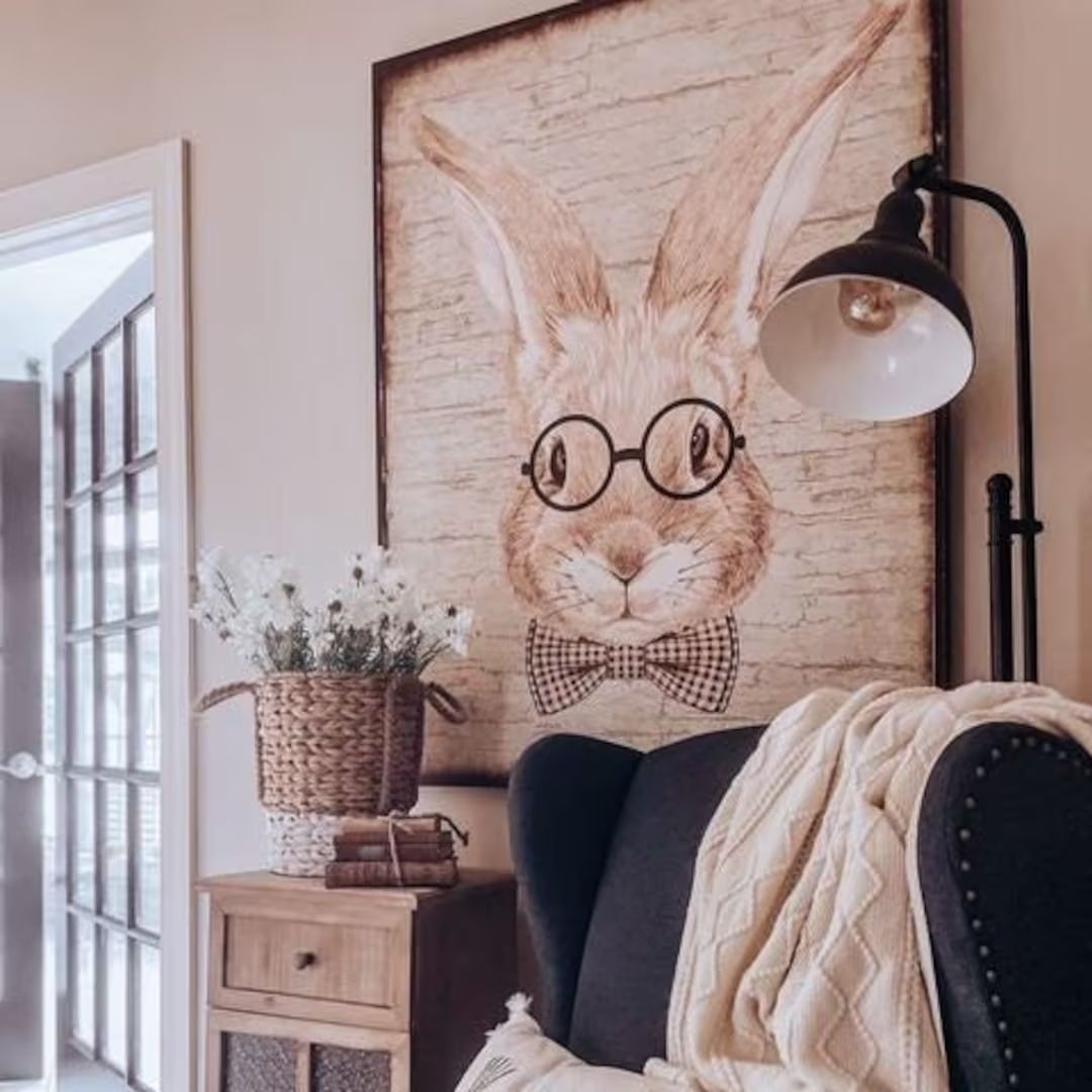 Rabbit With Glasses, Spring Sign, Vintage Easter Decor, Spring Wall Art, Vintage Signs, Rabbit De... | Etsy (US)