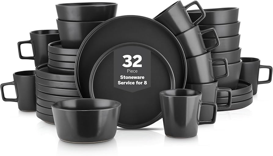 Stone Lain Celina Stoneware 32 Piece Modern Dinnerware Set, Plates and Bowls, Black Matte, Servic... | Amazon (US)