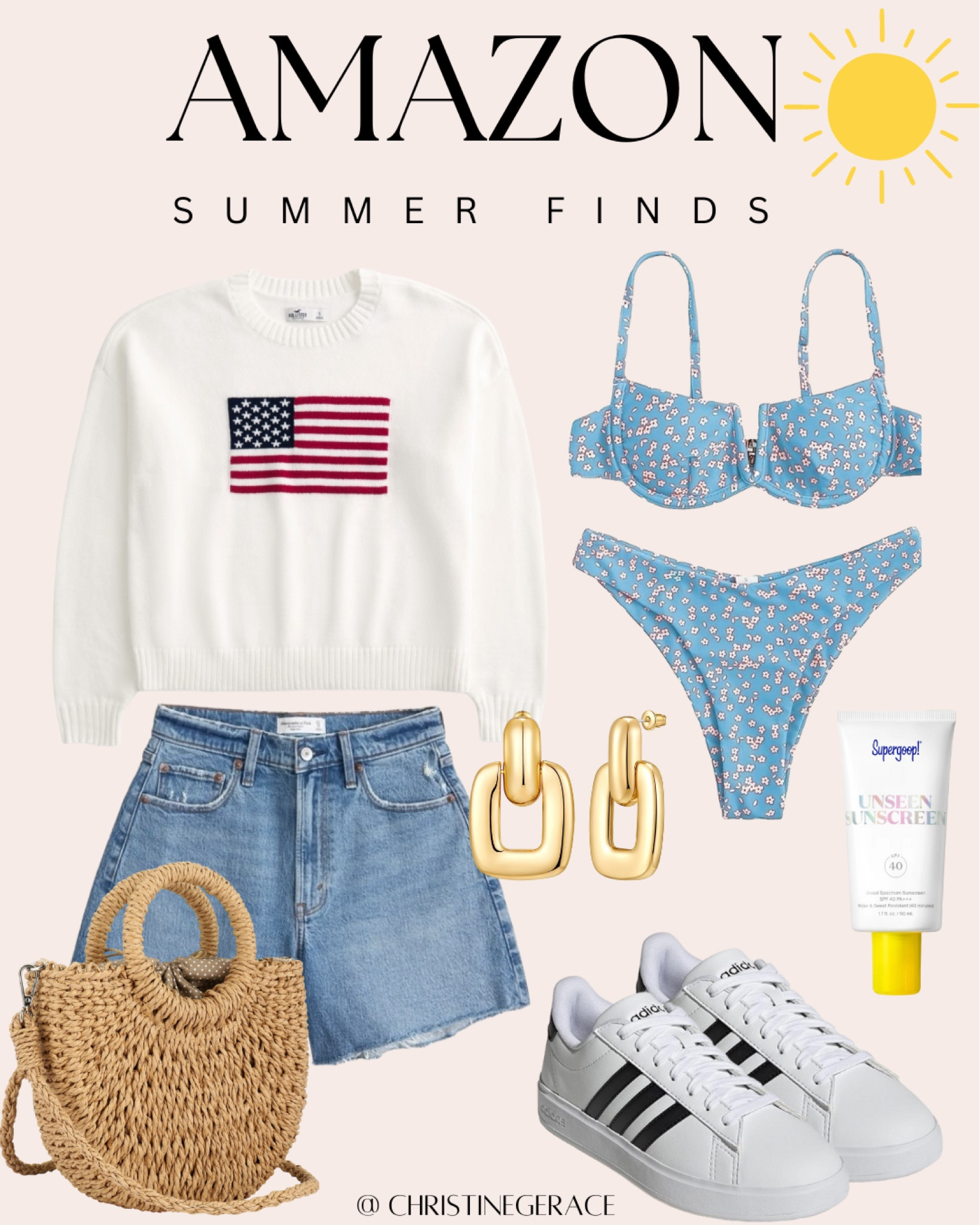 Amazon summer outfit idea 
4th of July outfit, tote bag, adidas sneakers, Abercrombie shorts, earrings, sweater , bikini, sunscreen 

#LTKSummerSales #LTKStyleTip #LTKFindsUnder50