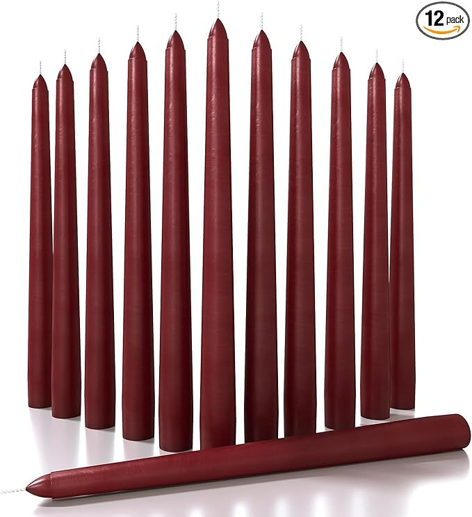 CANDWAX 10 inch Burgundy Taper Candle Set of 12 - Unscented Smokeless Dripless Candlesticks - Can... | Amazon (US)