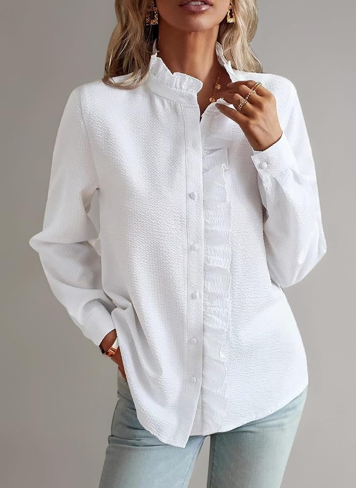 MINTLIMIT Womens Long Sleeve Button Down Shirt Ruffled Stand Collar Casual Blouses Top | Amazon (UK)