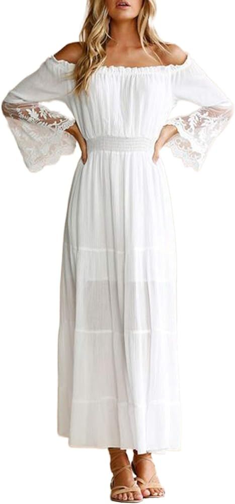Diukia Womens Sexy Deep V Neck Lace Maxi Dress Elegant Short Sleeve Wedding Bridesmaid Evening Pa... | Amazon (US)