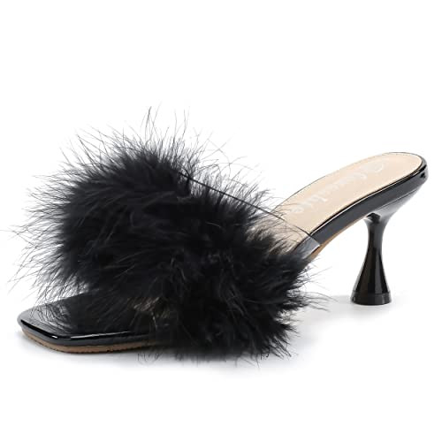 fereshte Women's Feather Heels Sandals Fluffy Fur Clear Strap Slip On Square Toe Kitten Mules Black 43 - insole length: 26.5cm/10.43 inch - US 10 | Amazon (US)
