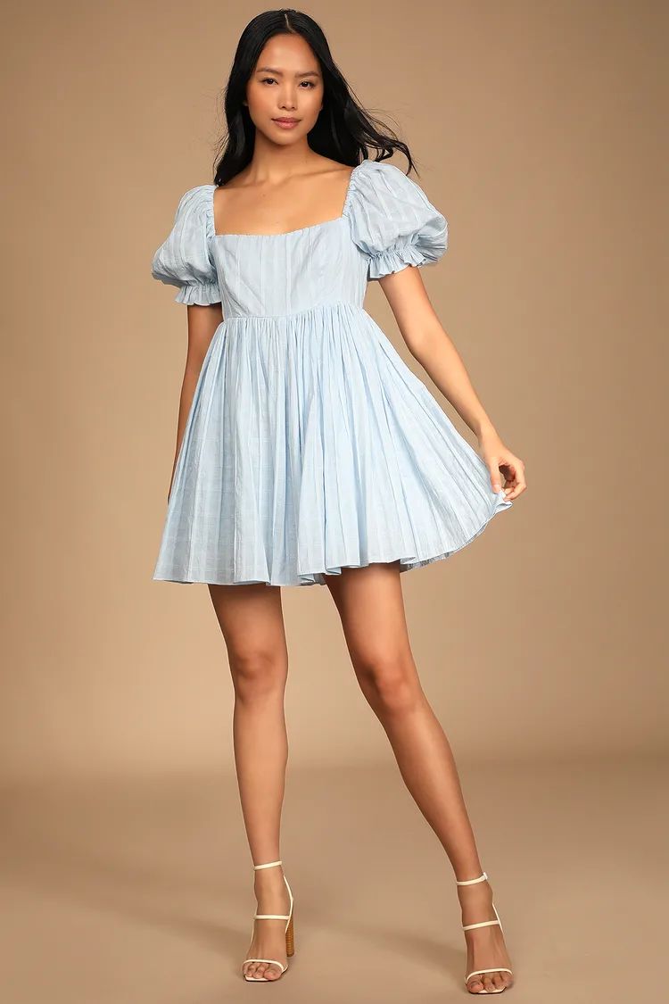 A Day in Paris Light Blue Square Neck Puff Sleeve Babydoll Dress | Lulus (US)