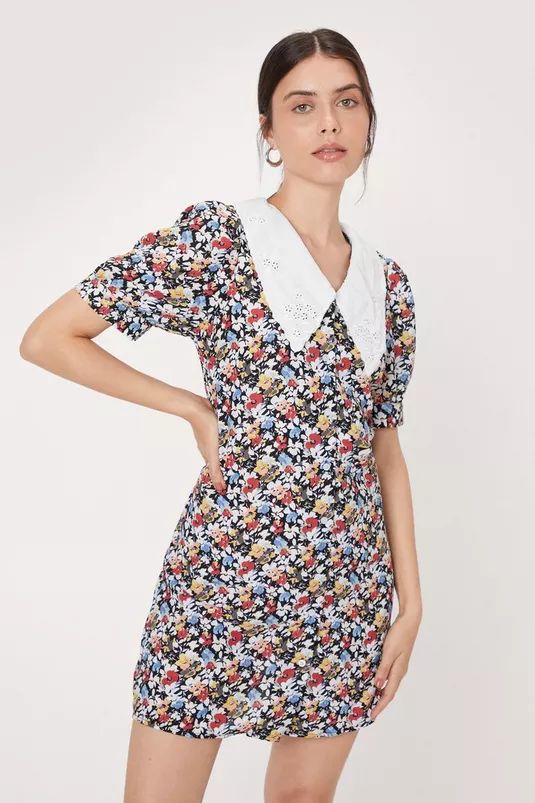Floral Print Collar Detail V Neck Mini Dress | Nasty Gal (US)