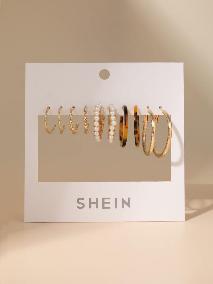 5pairs Faux Pearl Decor Open Hoop Earrings | SHEIN