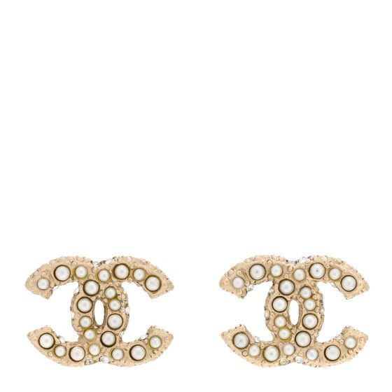 Metal Graduated Pearl Crystal CC Earrings Light Gold | FASHIONPHILE (US)