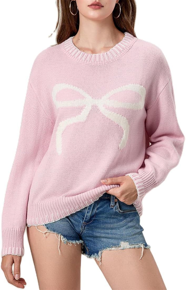 Women Cute Bow Sweater Y2k Long Sleeve Crew Neck Knit Sweaters Aesthetic Pullover Top | Amazon (US)