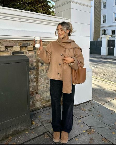 Camel brown & black autumn outfit. Abercrombie scarf coat, cos washed black jeans & Ugg tazz boots 

#LTKeurope #LTKSeasonal #LTKstyletip