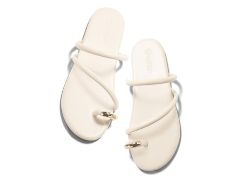 Coutgo Womens Strappy Flat Sandals Square Open Toe Flip Flops Slides Toe Ring Metal Summer Dress Shoes, Beige, size 8.5 | Amazon (US)
