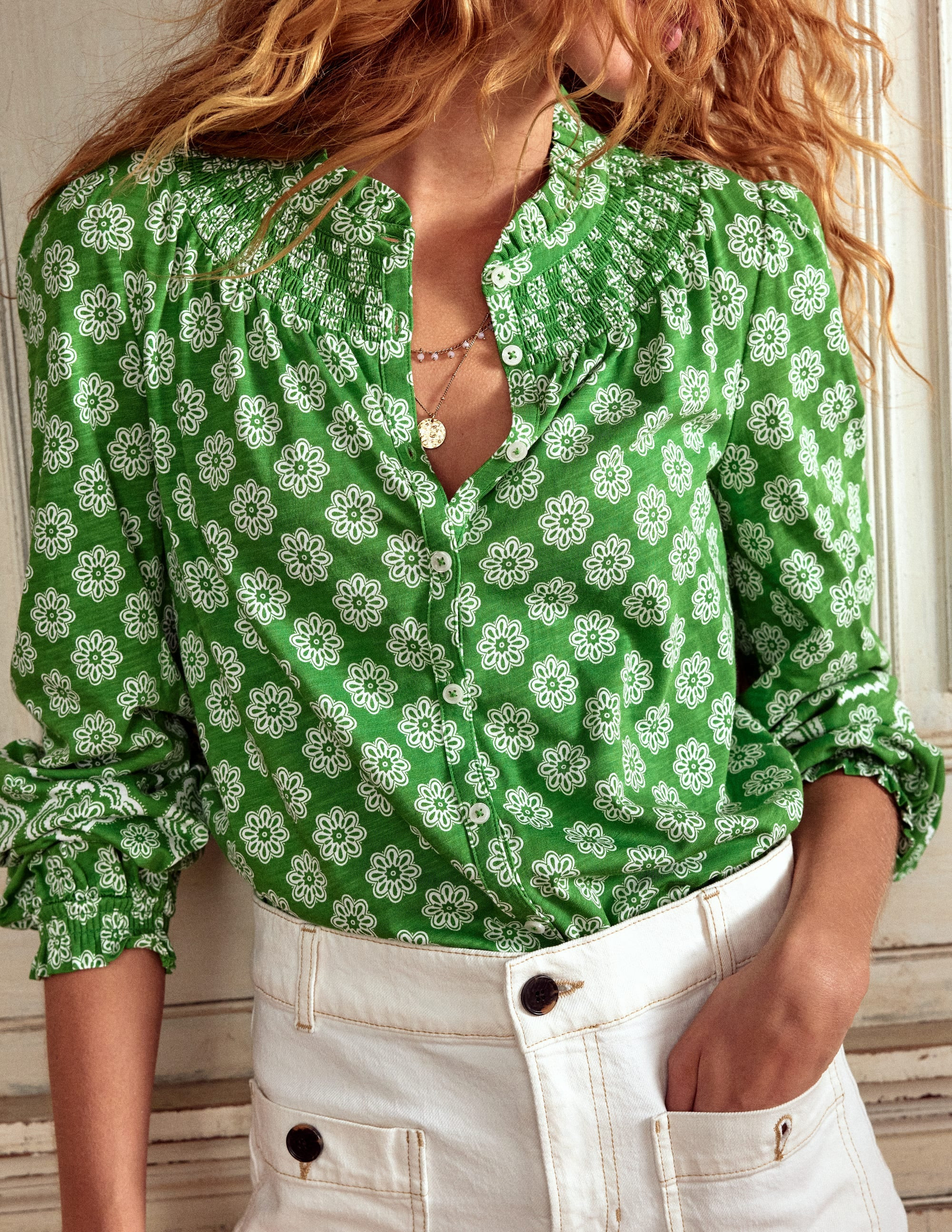 Fay Smocked Jersey Shirt-Paradise Green, Botanic Blush | Boden (US)