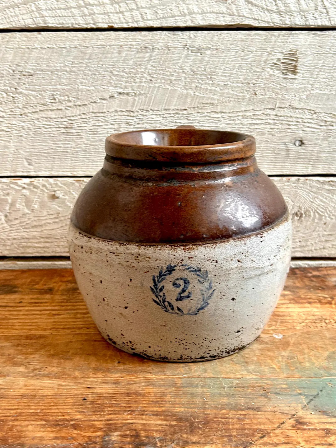 Antique Stoneware Crock # 2 - Brown and off White - Farmhouse - 1 Handle Bean Pot - Ceramic - Gla... | Etsy (US)