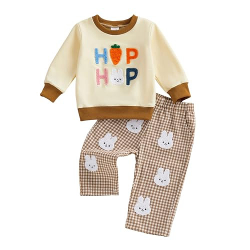 JLKGICF Baby Boy Easter Outfit Long Sleeve Carrot Rabbit Embroidery Sweatshirt Plaid Pants Set Toddler Boy Easter Clothes (White Bunny, 18-24M) | Amazon (US)