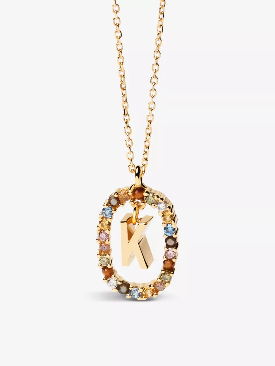 Initial K 18ct yellow gold-plated sterling-silver and semi-precious stones pendant necklace | Selfridges