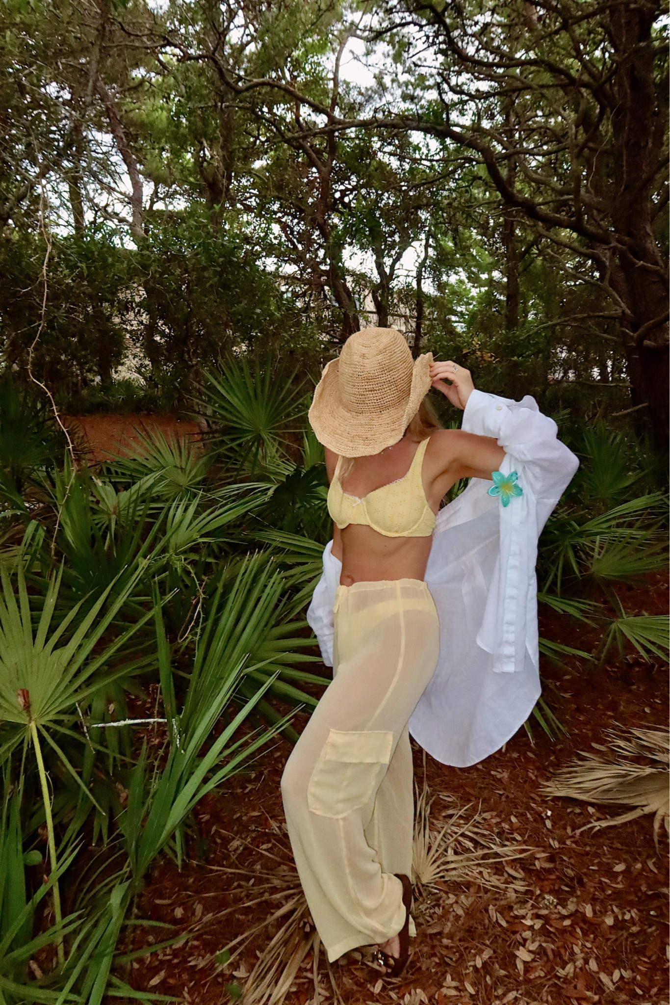 Butter yellow bikini and sheer matching cover up pants, linen shirt, straw hat beach summer outfit. Target on sale! Wearing S top and bottom and XS pants. Linen shirt is old Zara and hat is Monday swim linked  

#LTKFindsUnder50 #LTKPetite #LTKSwim