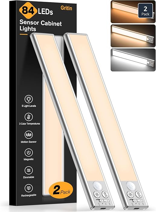 Gritin 10.2inch Under Cabinet Lighting Rechargeable -84 LED Super Bright,3-Color& 5 Level Brightn... | Amazon (US)
