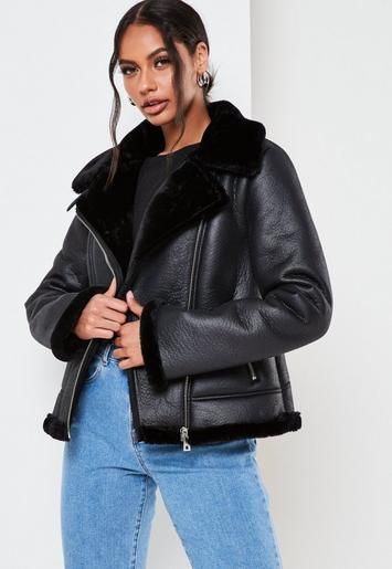 Black Faux Fur Lined Aviator Jacket | Missguided (US & CA)