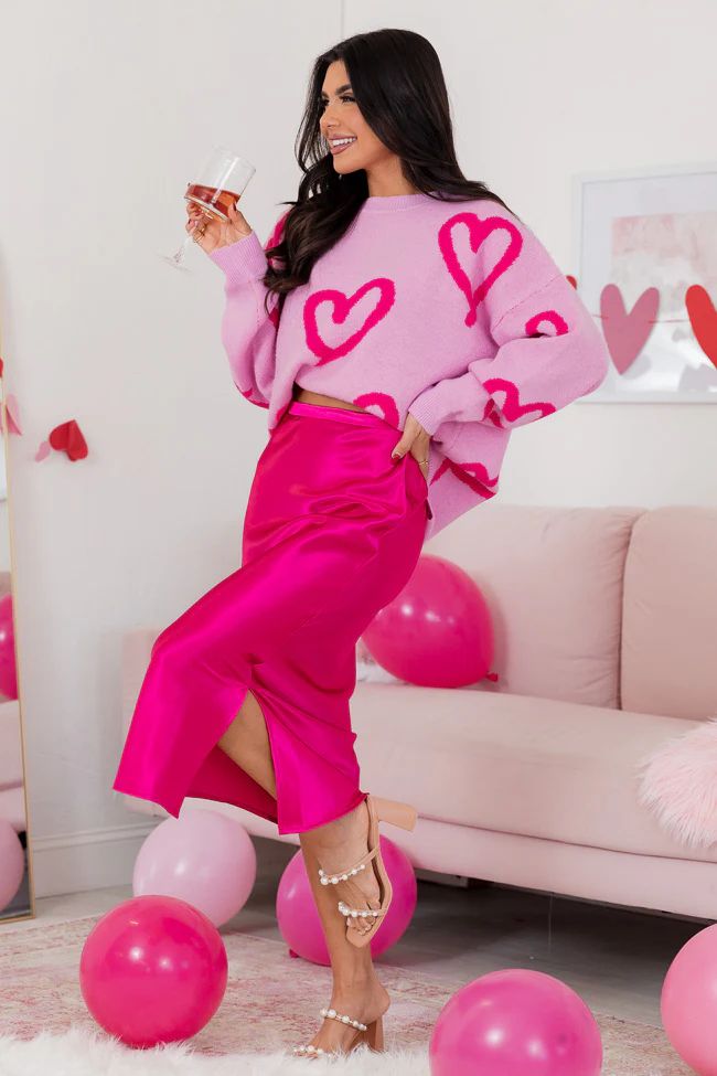 Love On The Brain Pink Satin Midi Skirt | Pink Lily