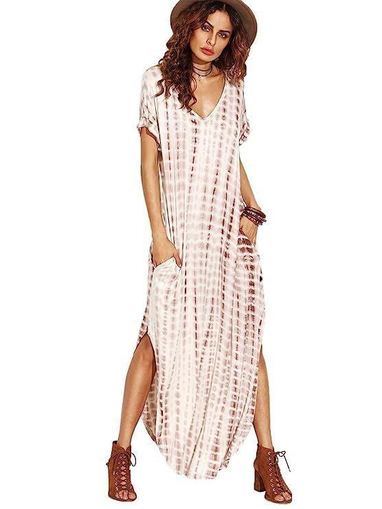 MakeMeChic Women's Boho Casual Maxi Short Sleeve Split Tie Dye Long Dress with Pockets | Amazon (US)