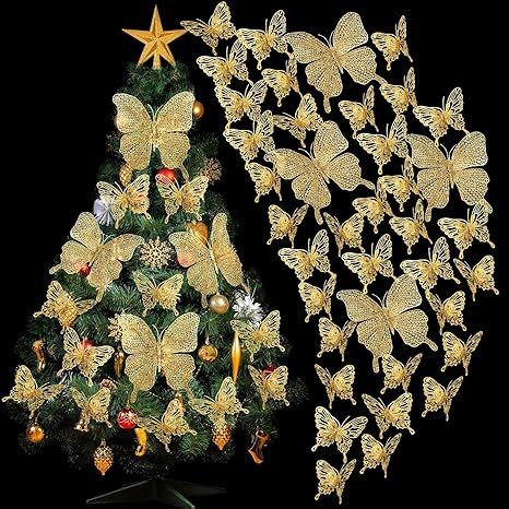 23 Pieces Christmas Tree Butterfly Decorations Hollow Butterfly Ornaments for Christmas, Glitter ... | Amazon (US)