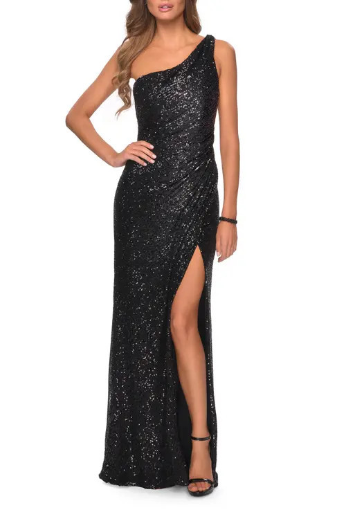 La Femme Long Sequin One Shoulder Ruched Prom Dress in Black at Nordstrom, Size 00 | Nordstrom
