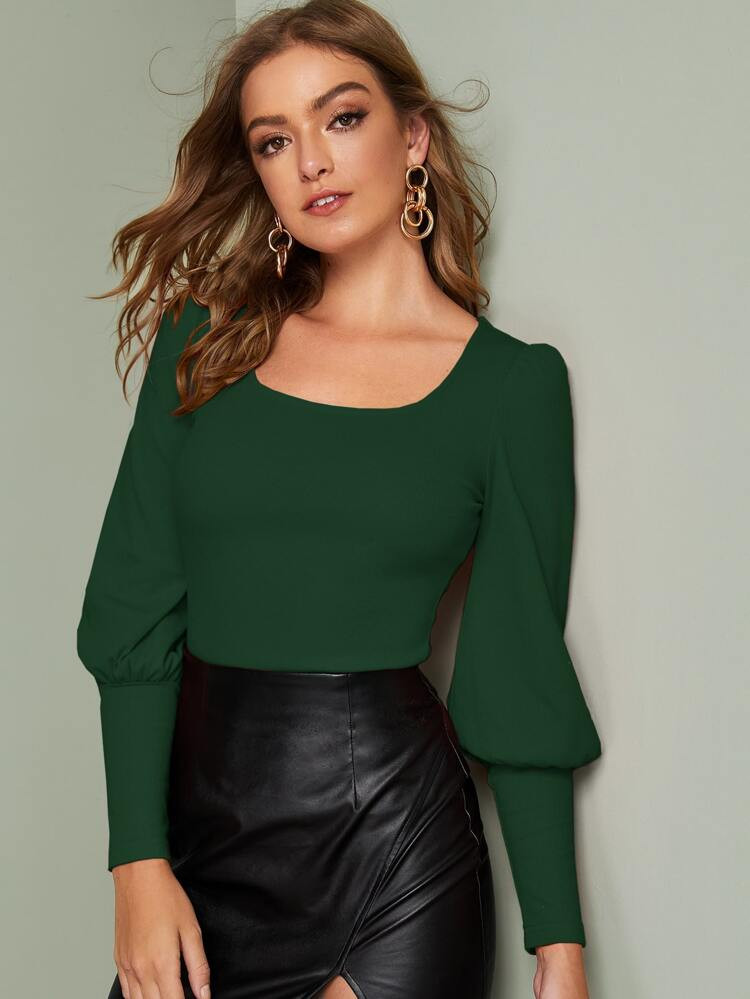 SHEIN Leg-of-mutton Sleeve Rib-knit Solid Tee | SHEIN