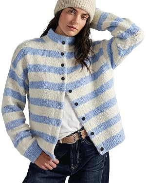 Womens Striped Cardigan Casual Long Sleeve Stand Collar Button Down Sweater Tops Lightweight Fall... | Amazon (US)