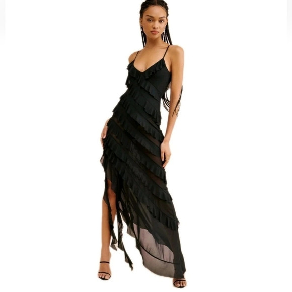 Anthropologie AFRM Vienna Asymmetrical Hem Sheer Black Sleeveless Maxidress: XXS | Poshmark