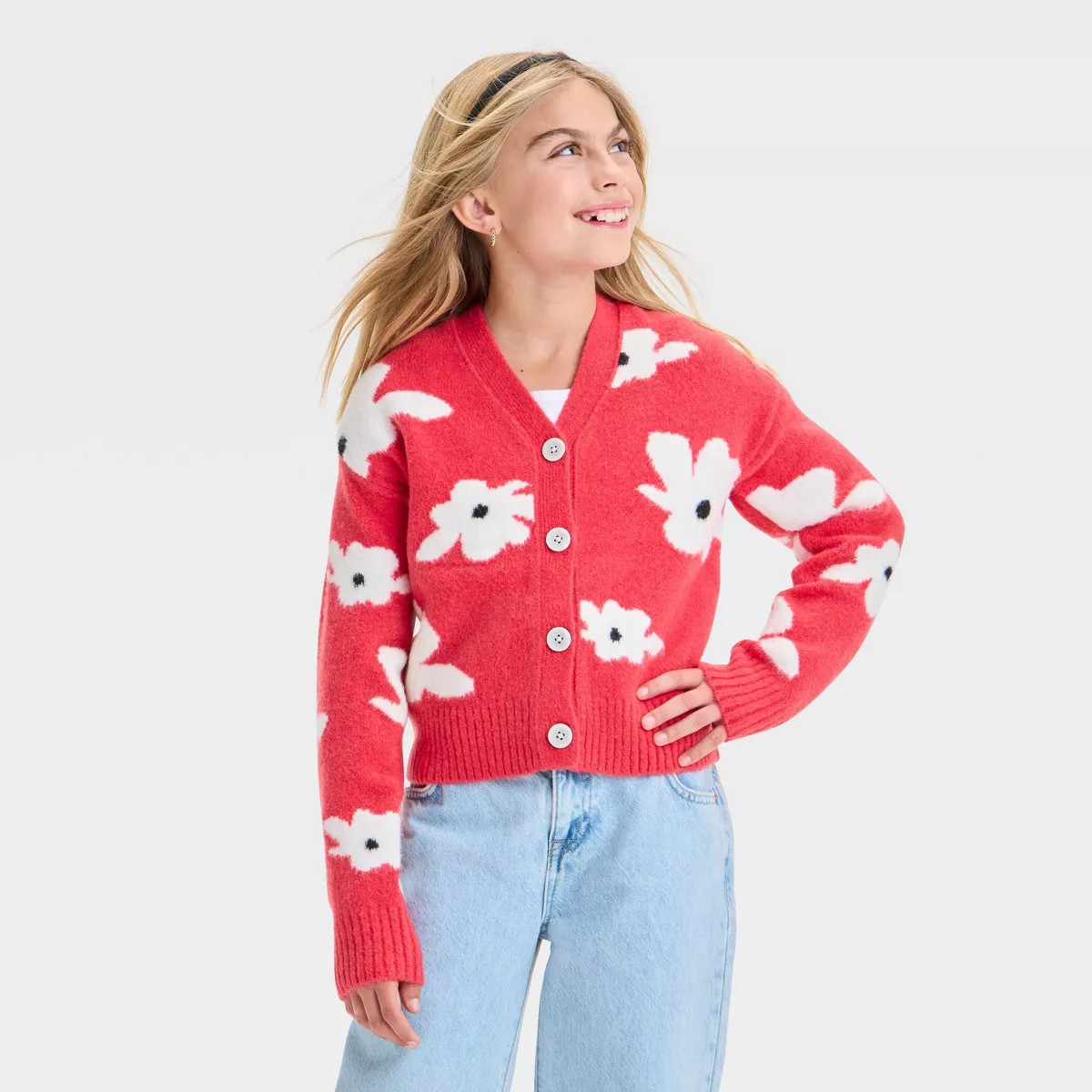 Kids' Floral Button-Down Cardigan Sweater - Cat & Jack™ Red | Target