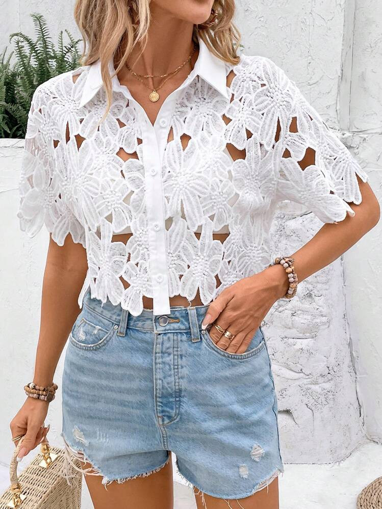 Breezaya Women Solid Color Simple Hollow Out Fashion Shirt,Short Sleeve Tops | SHEIN