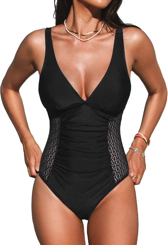 CUPSHE Women's One Piece Swimsuit Ruched Plunging V Neck Lace Bathing Suit Full Coverage | Amazon (US)