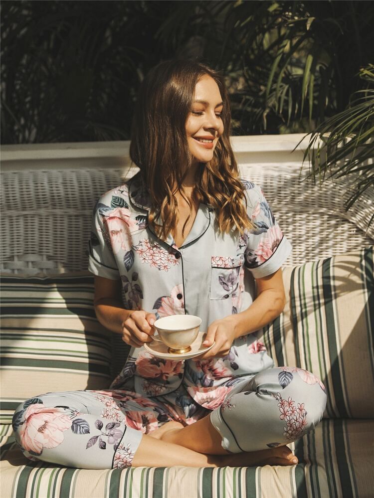 Lapel Collar Floral Print Pajama Set | SHEIN