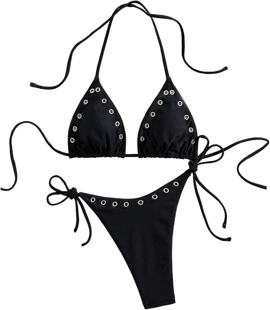 BEAUDRM Women's 2 Piece Sexy Micro Bikini Sets Grommet Eyelet Swimsuit Halter Triangle Tie Side C... | Amazon (US)