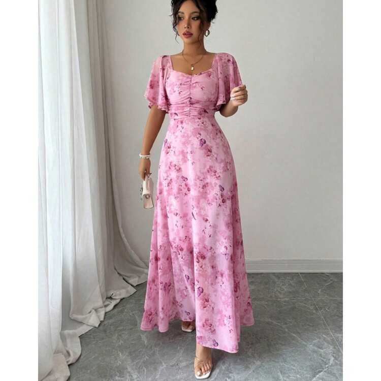 Vestido largo de l\u00ednea A con estampado floral, vestido fluido con cuello cuadrado, mangas abullonadas y cintura fruncida | SHEIN | SHEIN