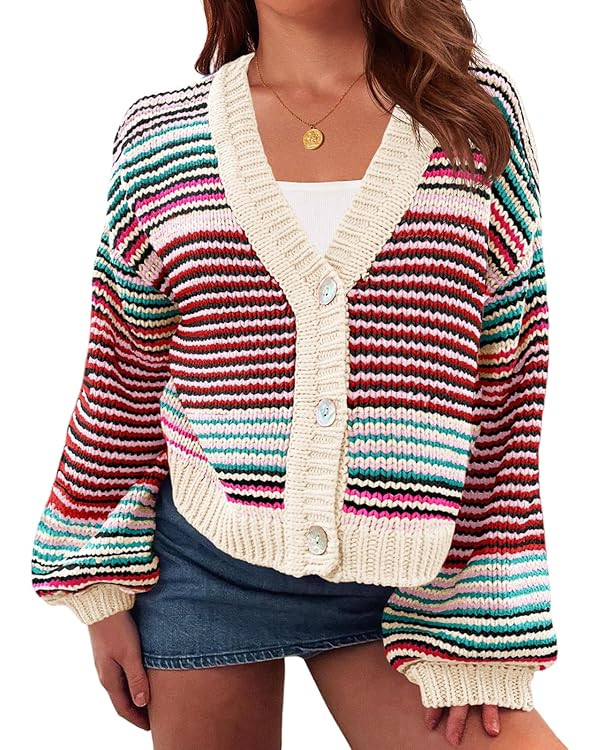Saodimallsu Womens Striped Cardigan Sweaters Oversized Puff Sleeve Button Up V Neck Color Block K... | Amazon (US)