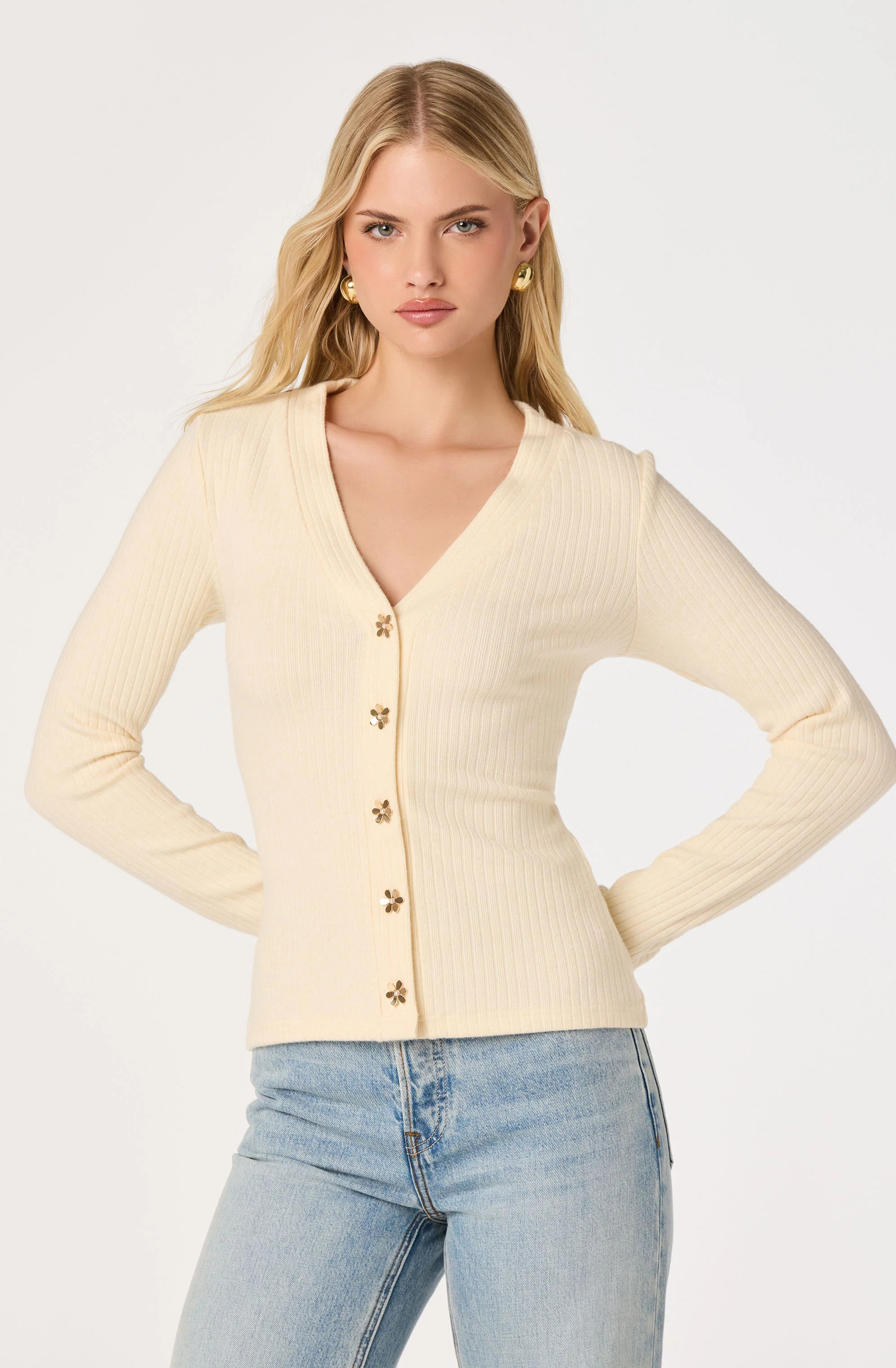 Mckenzie Ribbed V-Neck Cardigan - Cream / XS | ASTR The Label (US)