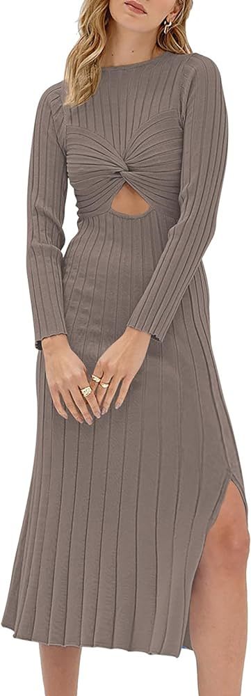 Pink Queen Women's Sweater Dress Crewneck Long Sleeve Ruched Twist Hollow Out Bodycon Side Slit R... | Amazon (US)