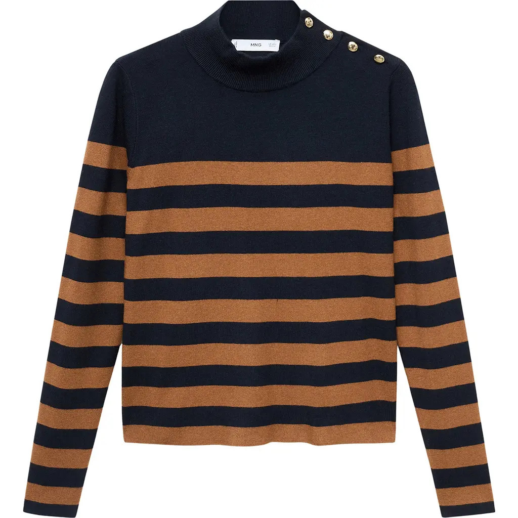 MANGO Perkins Stripe Mock Neck Sweater in Tobacco Brown at Nordstrom, Size Small | Nordstrom