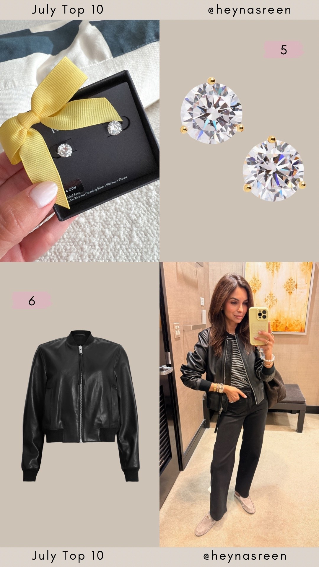 July Top 10:
#5: Nordstrom CZs studs, I have bought these for years! I wear the 6 carat total weight.  
#6: All Saints leather bomber jacket, I sized up to a 4 for a looser fit.